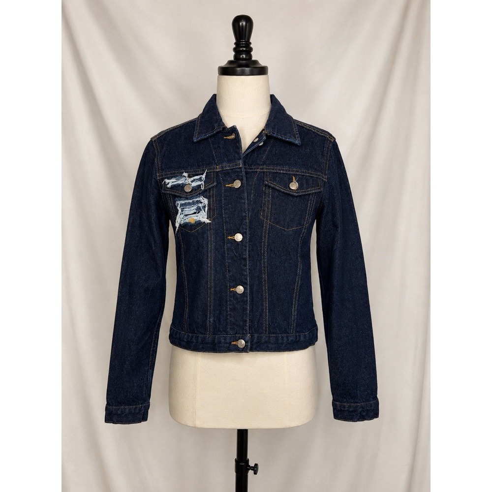 Evan Picone Denim Jacket Women's S Dark Wash Distressed Y2K Jean Jacket